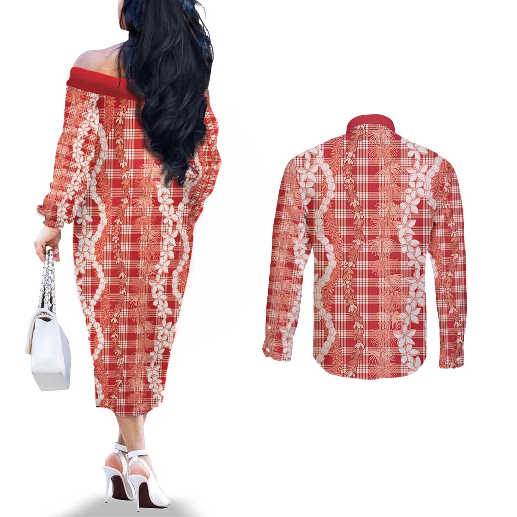 Hawaiian Ohia Lehua Lei Couples Matching Off The Shoulder Long Sleeve Dress and Long Sleeve Button Shirt Plaid Palaka Ulaula Pattern - Polynesian Pride