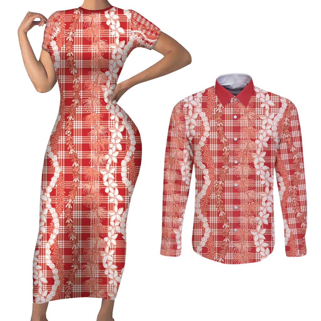 Hawaiian Ohia Lehua Lei Couples Matching Short Sleeve Bodycon Dress and Long Sleeve Button Shirt Plaid Palaka Ulaula Pattern - Polynesian Pride