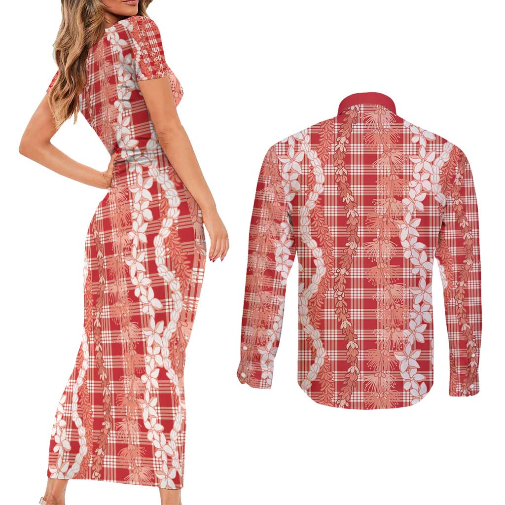 Hawaiian Ohia Lehua Lei Couples Matching Short Sleeve Bodycon Dress and Long Sleeve Button Shirt Plaid Palaka Ulaula Pattern - Polynesian Pride