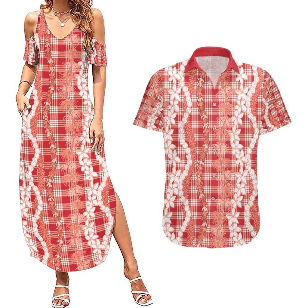 Hawaiian Ohia Lehua Lei Couples Matching Summer Maxi Dress and Hawaiian Shirt Plaid Palaka Ulaula Pattern - Polynesian Pride
