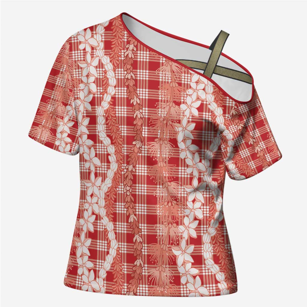 Hawaiian Ohia Lehua Lei Cross Shoulder Shirt Plaid Palaka Ulaula Pattern - Polynesian Pride