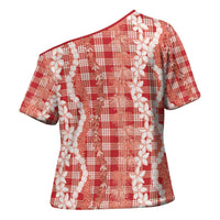 Hawaiian Ohia Lehua Lei Cross Shoulder Shirt Plaid Palaka Ulaula Pattern - Polynesian Pride