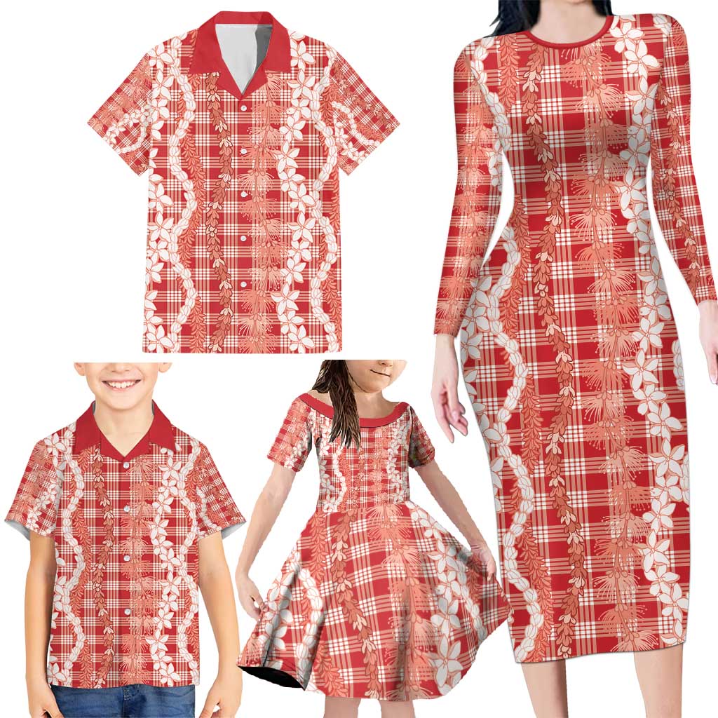 Hawaiian Ohia Lehua Lei Family Matching Long Sleeve Bodycon Dress and Hawaiian Shirt Plaid Palaka Ulaula Pattern - Polynesian Pride