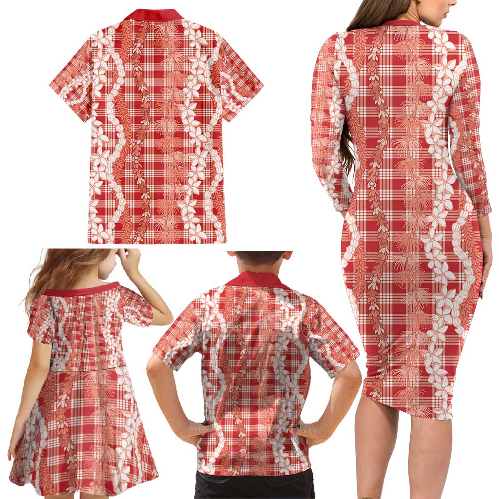 Hawaiian Ohia Lehua Lei Family Matching Long Sleeve Bodycon Dress and Hawaiian Shirt Plaid Palaka Ulaula Pattern - Polynesian Pride