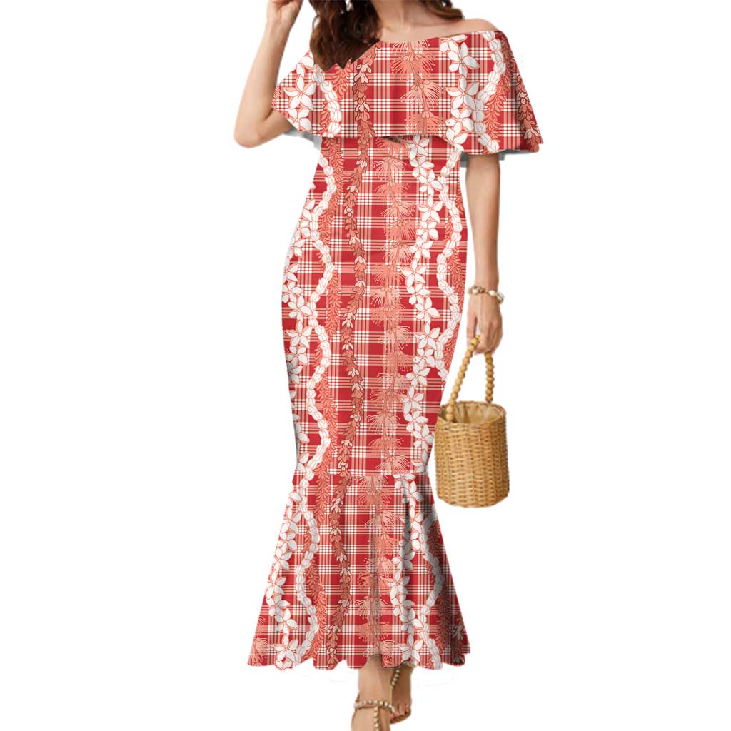 Hawaiian Ohia Lehua Lei Family Matching Mermaid Dress and Hawaiian Shirt Plaid Palaka Ulaula Pattern - Polynesian Pride