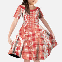 Hawaiian Ohia Lehua Lei Family Matching Off The Shoulder Long Sleeve Dress and Hawaiian Shirt Plaid Palaka Ulaula Pattern - Polynesian Pride