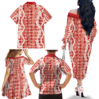Hawaiian Ohia Lehua Lei Family Matching Off The Shoulder Long Sleeve Dress and Hawaiian Shirt Plaid Palaka Ulaula Pattern - Polynesian Pride