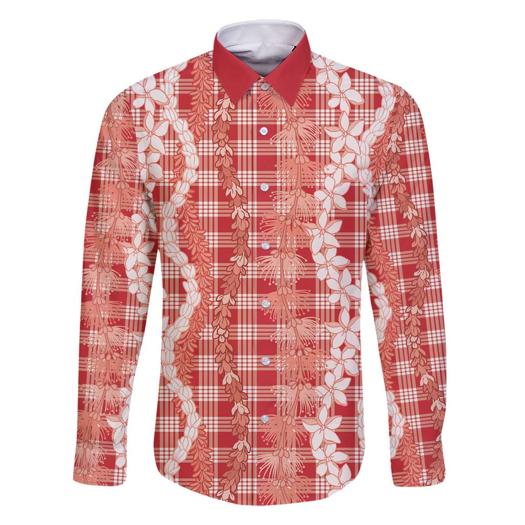 Hawaiian Ohia Lehua Lei Family Matching Off Shoulder Maxi Dress and Hawaiian Shirt Plaid Palaka Ulaula Pattern - Polynesian Pride