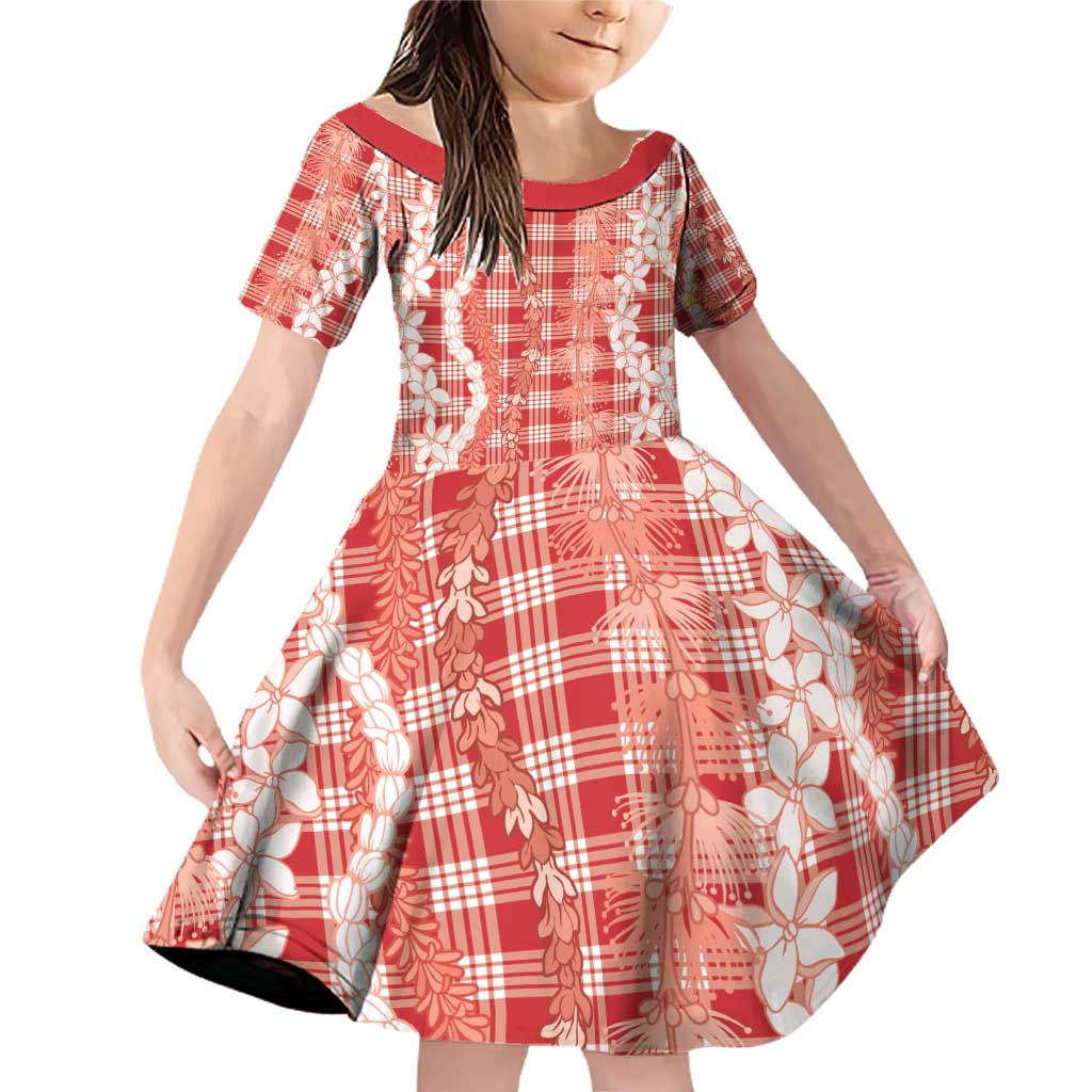 Hawaiian Ohia Lehua Lei Family Matching Off Shoulder Short Dress and Hawaiian Shirt Plaid Palaka Ulaula Pattern - Polynesian Pride