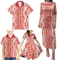Hawaiian Ohia Lehua Lei Family Matching Puletasi and Hawaiian Shirt Plaid Palaka Ulaula Pattern - Polynesian Pride