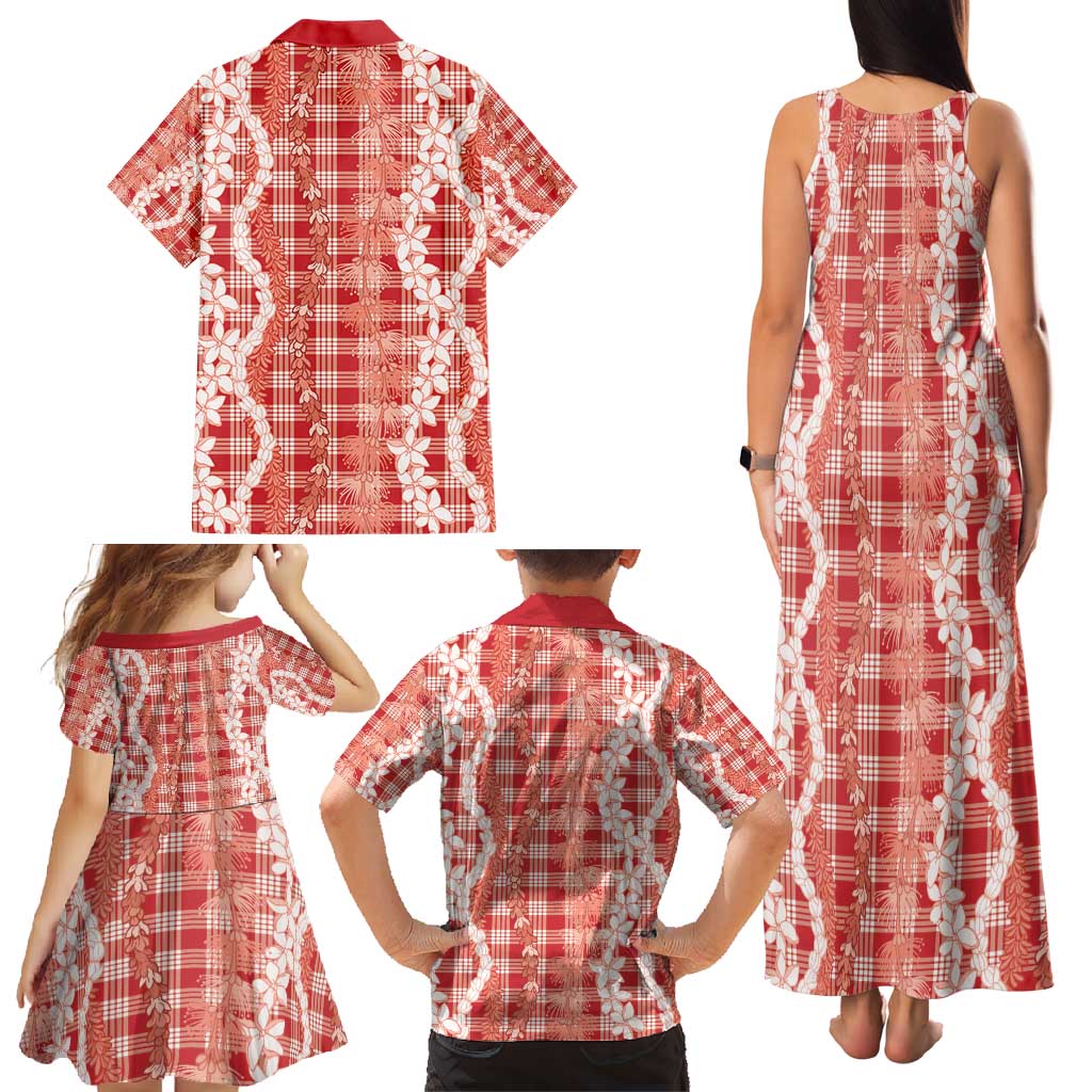 Hawaiian Ohia Lehua Lei Family Matching Tank Maxi Dress and Hawaiian Shirt Plaid Palaka Ulaula Pattern - Polynesian Pride