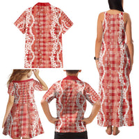 Hawaiian Ohia Lehua Lei Family Matching Tank Maxi Dress and Hawaiian Shirt Plaid Palaka Ulaula Pattern - Polynesian Pride