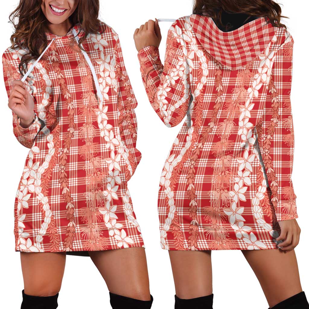 Hawaiian Ohia Lehua Lei Hoodie Dress Plaid Palaka Ulaula Pattern - Polynesian Pride