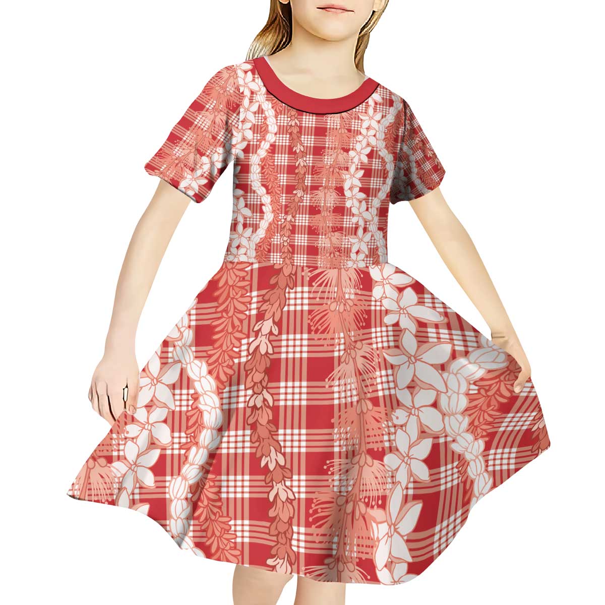 Hawaiian Ohia Lehua Lei Kid Short Sleeve Dress Plaid Palaka Ulaula Pattern - Polynesian Pride