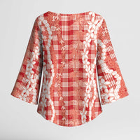 Hawaiian Ohia Lehua Lei Kimono Sleeve Blouse Plaid Palaka Ulaula Pattern - Polynesian Pride