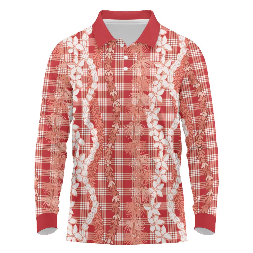 Hawaiian Ohia Lehua Lei Long Sleeve Polo Shirt Plaid Palaka Ulaula Pattern - Polynesian Pride