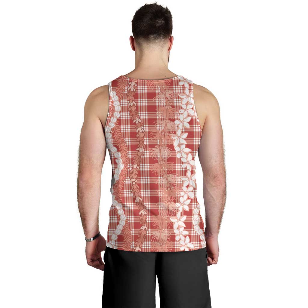 Hawaiian Ohia Lehua Lei Men Tank Top Plaid Palaka Ulaula Pattern - Polynesian Pride