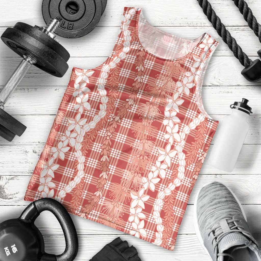 Hawaiian Ohia Lehua Lei Men Tank Top Plaid Palaka Ulaula Pattern - Polynesian Pride
