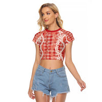 Hawaiian Ohia Lehua Lei Raglan Cropped T Shirt Plaid Palaka Ulaula Pattern - Polynesian Pride