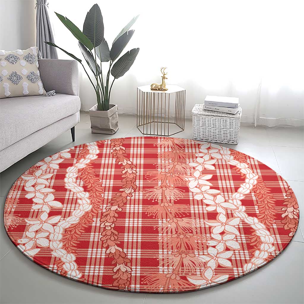 Hawaiian Ohia Lehua Lei Round Carpet Plaid Palaka Ulaula Pattern - Polynesian Pride