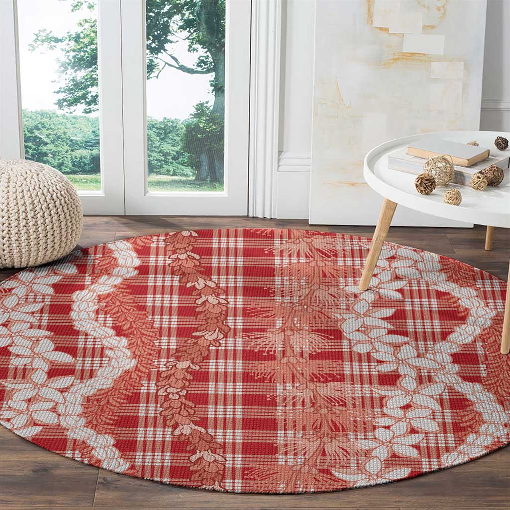 Hawaiian Ohia Lehua Lei Round Carpet Plaid Palaka Ulaula Pattern - Polynesian Pride