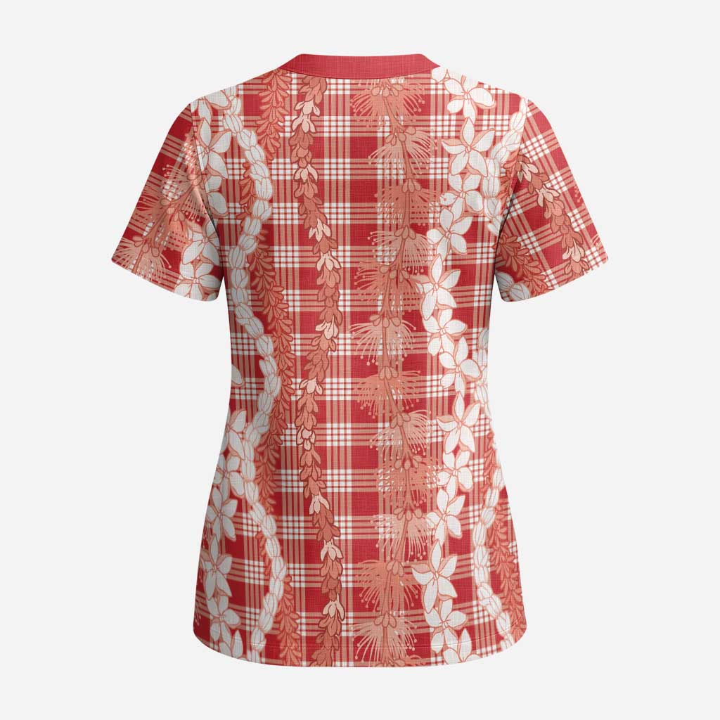 Hawaiian Ohia Lehua Lei Scrub Top Plaid Palaka Ulaula Pattern - Polynesian Pride