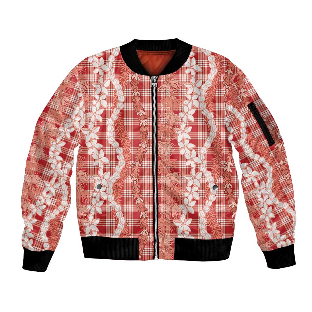 Hawaiian Ohia Lehua Lei Sleeve Zip Bomber Jacket Plaid Palaka Ulaula Pattern - Polynesian Pride