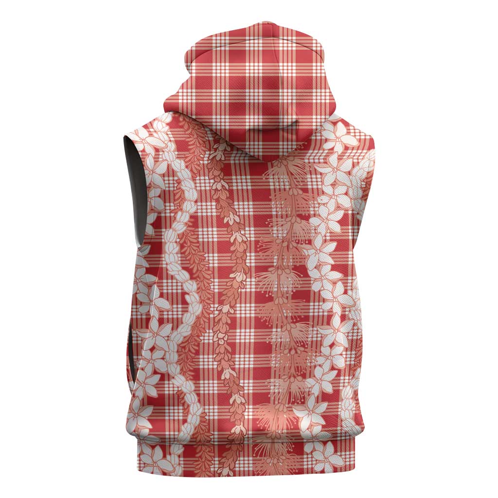 Hawaiian Ohia Lehua Lei Sleeveless Hoodie Plaid Palaka Ulaula Pattern - Polynesian Pride