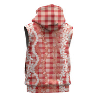 Hawaiian Ohia Lehua Lei Sleeveless Hoodie Plaid Palaka Ulaula Pattern - Polynesian Pride