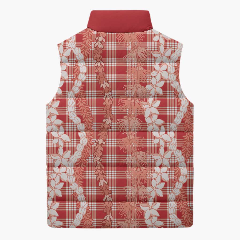 Hawaiian Ohia Lehua Lei Sleeveless Puffer Jacket Plaid Palaka Ulaula Pattern - Polynesian Pride