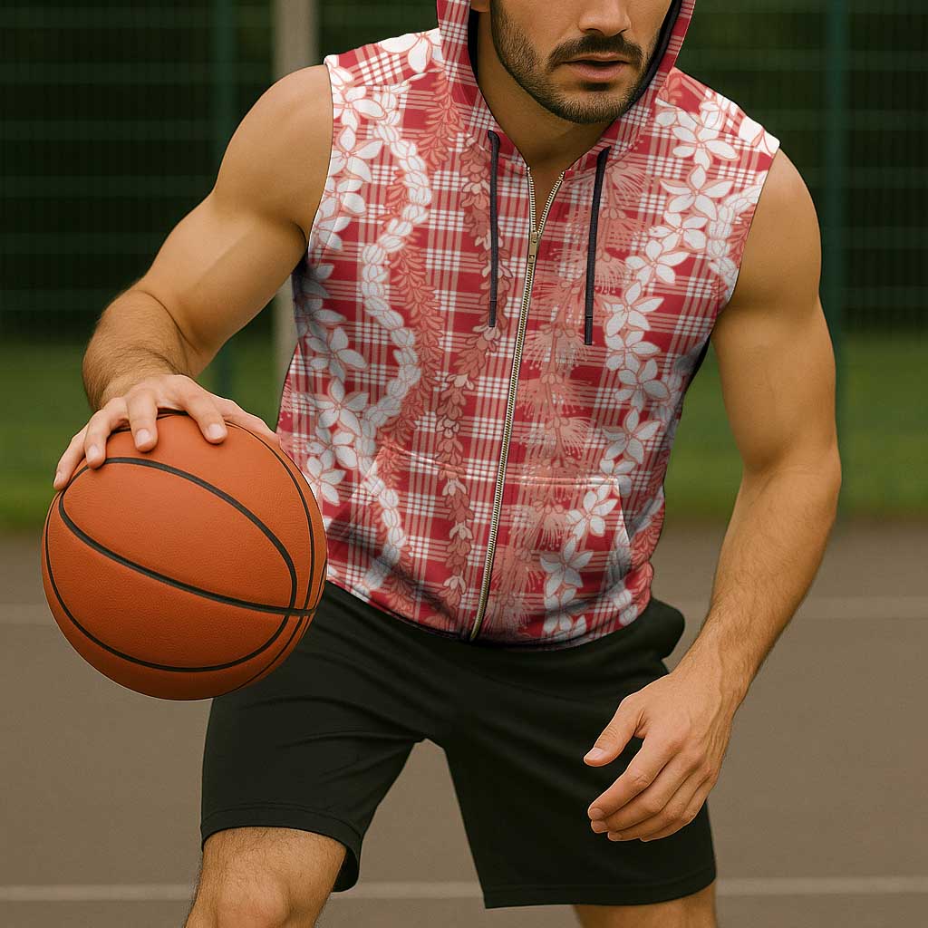 Hawaiian Ohia Lehua Lei Sleeveless Zip Hoodie Plaid Palaka Ulaula Pattern - Polynesian Pride