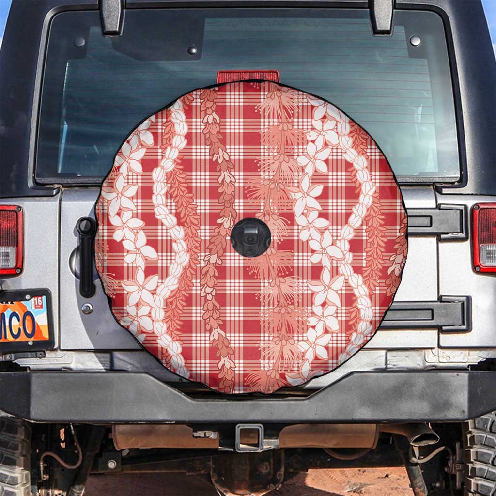 Hawaiian Ohia Lehua Lei Spare Tire Cover Plaid Palaka Ulaula Pattern - Polynesian Pride