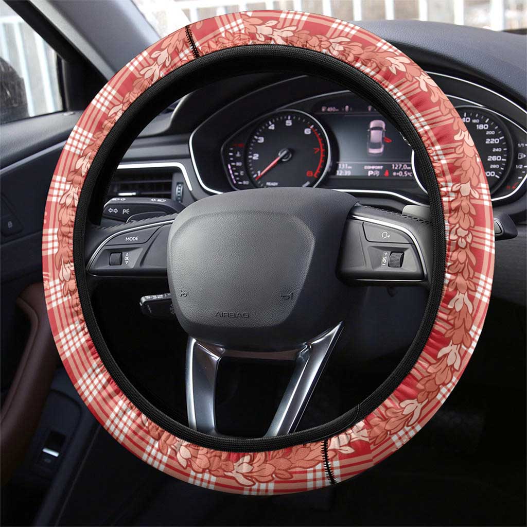 Hawaiian Ohia Lehua Lei Steering Wheel Cover Plaid Palaka Ulaula Pattern - Polynesian Pride