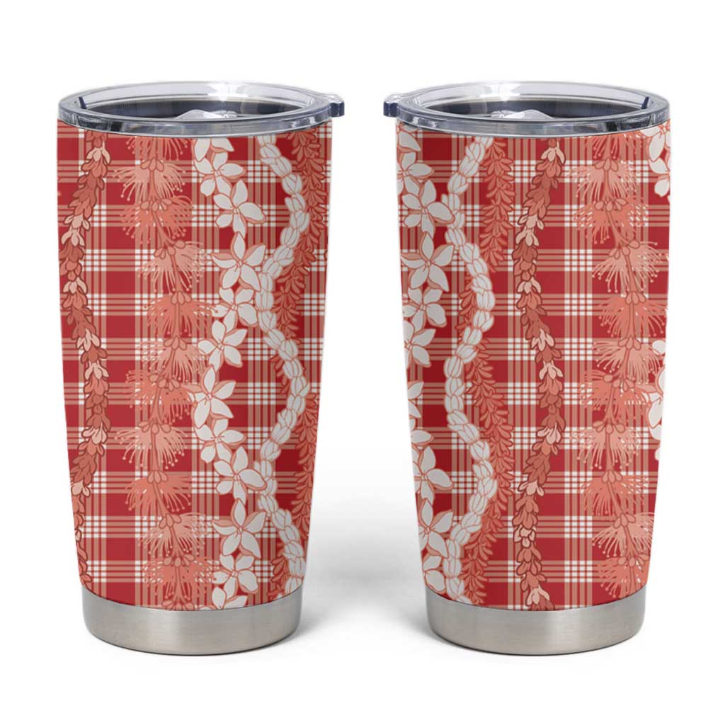 Hawaiian Ohia Lehua Lei Tumbler Cup Plaid Palaka Ulaula Pattern - Polynesian Pride