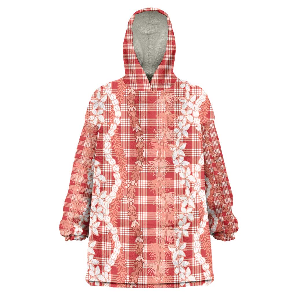 Hawaiian Ohia Lehua Lei Wearable Blanket Hoodie Plaid Palaka Ulaula Pattern - Polynesian Pride