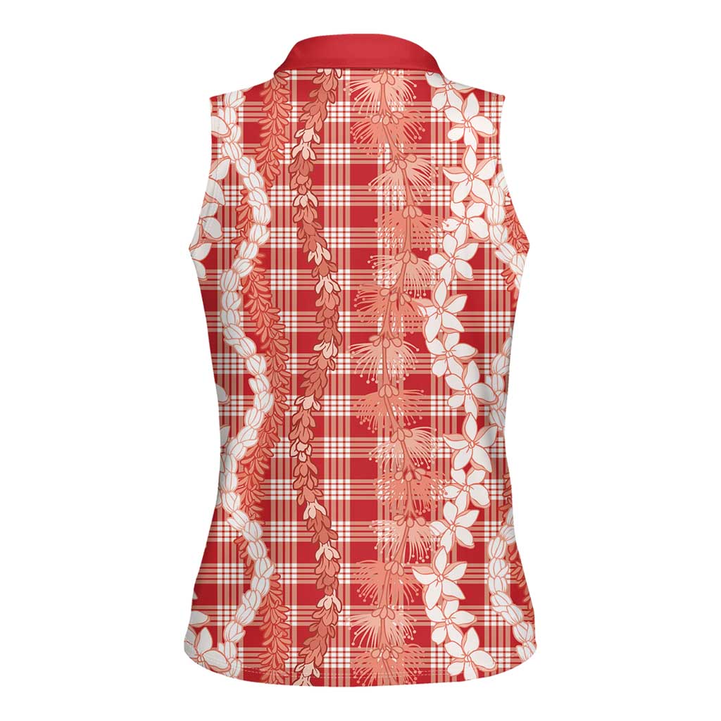Hawaiian Ohia Lehua Lei Women Sleeveless Polo Shirt Plaid Palaka Ulaula Pattern - Polynesian Pride