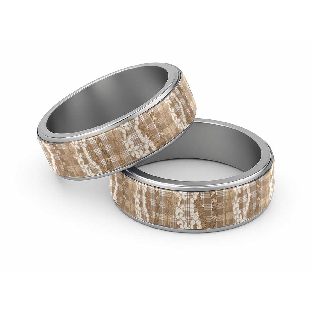 Hawaiian Ohia Lehua Lei Classic Ring Plaid Palaka Kalaihaahaa Pattern LT9 Sliver Tan - Polynesian Pride