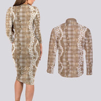 Hawaiian Ohia Lehua Lei Couples Matching Long Sleeve Bodycon Dress and Long Sleeve Button Shirt Plaid Palaka Kalaihaahaa Pattern - Polynesian Pride