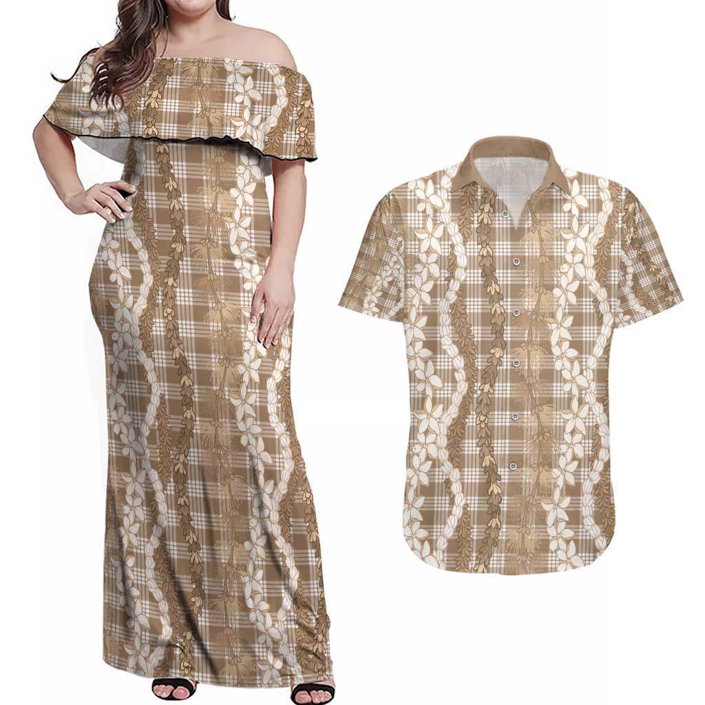 Hawaiian Ohia Lehua Lei Couples Matching Off Shoulder Maxi Dress and Hawaiian Shirt Plaid Palaka Kalaihaahaa Pattern - Polynesian Pride