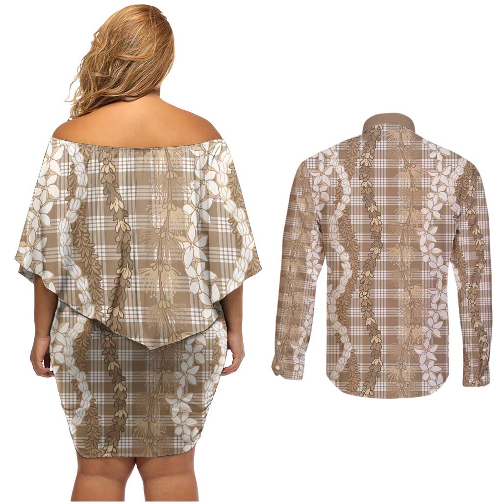 Hawaiian Ohia Lehua Lei Couples Matching Off Shoulder Short Dress and Long Sleeve Button Shirt Plaid Palaka Kalaihaahaa Pattern - Polynesian Pride