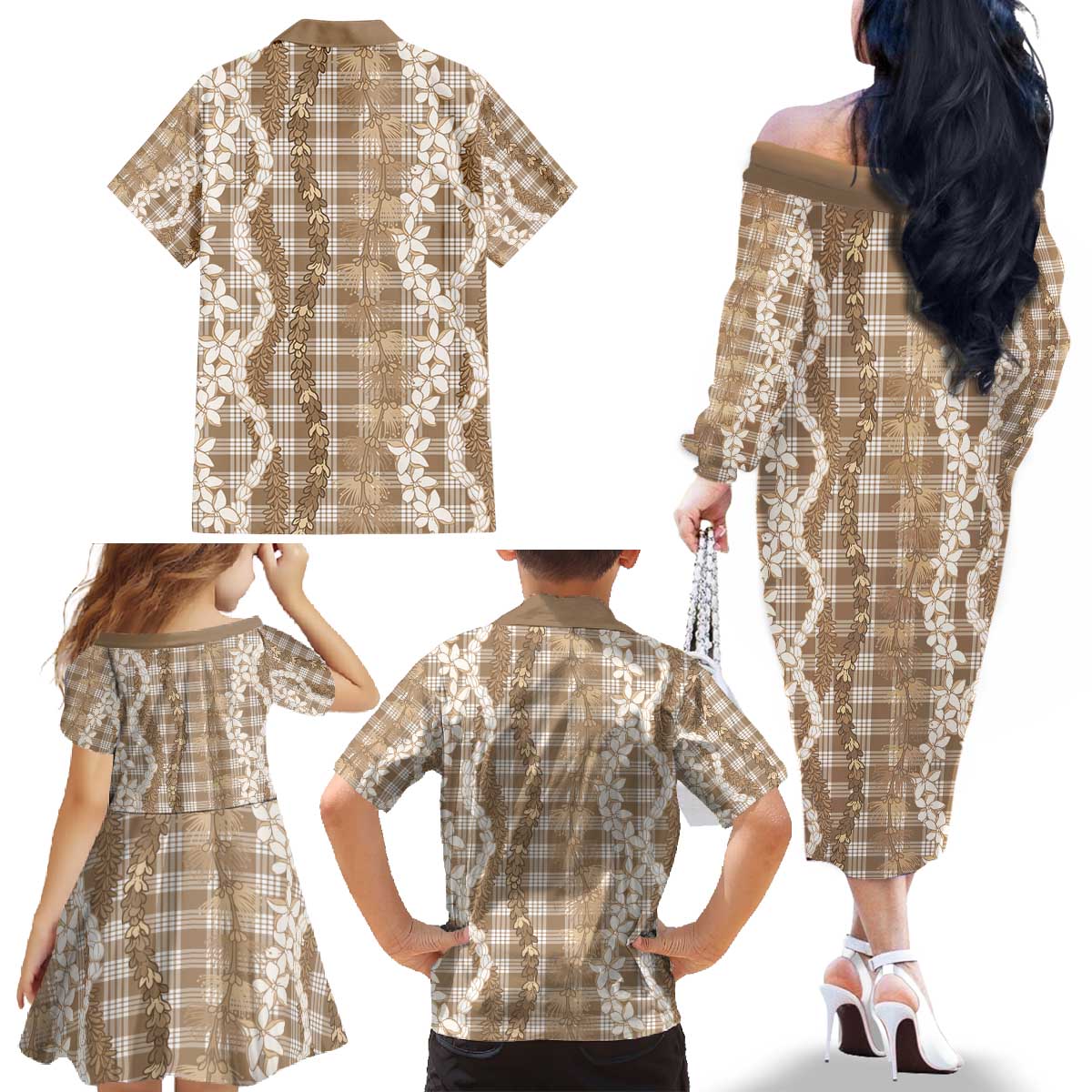 Hawaiian Ohia Lehua Lei Family Matching Off The Shoulder Long Sleeve Dress and Hawaiian Shirt Plaid Palaka Kalaihaahaa Pattern - Polynesian Pride
