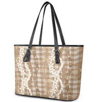 Hawaiian Ohia Lehua Lei Leather Tote Bag Plaid Palaka Kalaihaahaa Pattern - Polynesian Pride