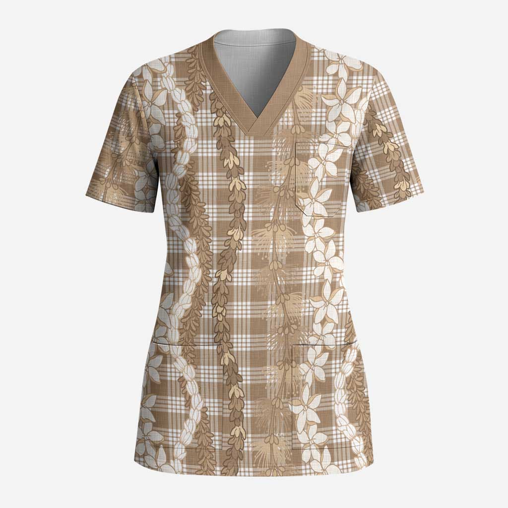 Hawaiian Ohia Lehua Lei Scrub Top Plaid Palaka Kalaihaahaa Pattern - Polynesian Pride