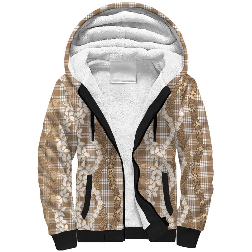 Hawaiian Ohia Lehua Lei Sherpa Hoodie Plaid Palaka Kalaihaahaa Pattern LT9 Unisex Tan - Polynesian Pride