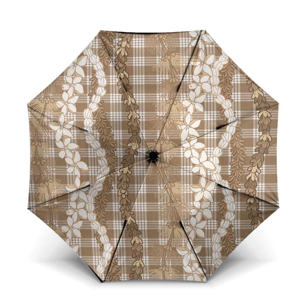 Hawaiian Ohia Lehua Lei Umbrella Plaid Palaka Kalaihaahaa Pattern LT9 One Size Folded 11.42 inch Opened Diameter 37.4 inch Tan - Polynesian Pride