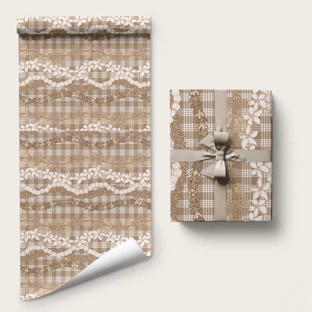 Hawaiian Ohia Lehua Lei Wrapping Paper Plaid Palaka Kalaihaahaa Pattern LT9 58" × 23" Tan - Polynesian Pride