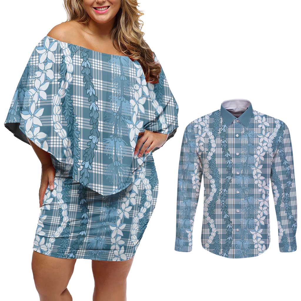 Hawaiian Ohia Lehua Lei Couples Matching Off Shoulder Short Dress and Long Sleeve Button Shirt Plaid Palaka Uliuli Omaomao Pattern - Polynesian Pride