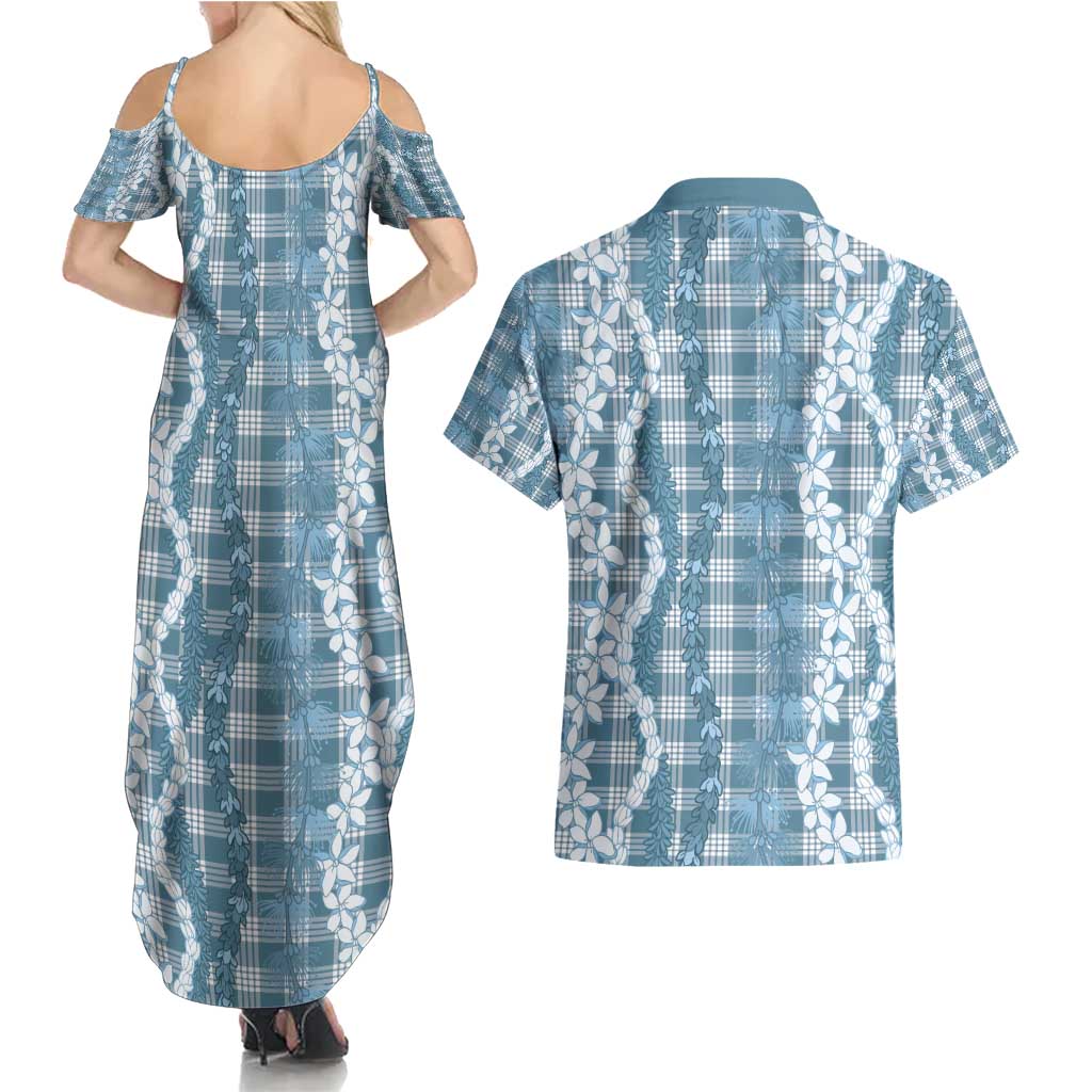 Hawaiian Ohia Lehua Lei Couples Matching Summer Maxi Dress and Hawaiian Shirt Plaid Palaka Uliuli Omaomao Pattern - Polynesian Pride