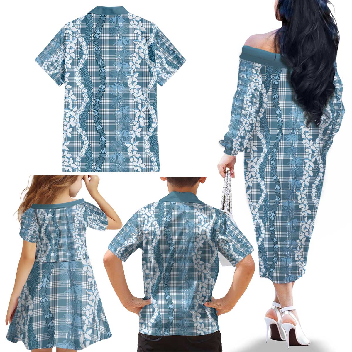 Hawaiian Ohia Lehua Lei Family Matching Off The Shoulder Long Sleeve Dress and Hawaiian Shirt Plaid Palaka Uliuli Omaomao Pattern - Polynesian Pride