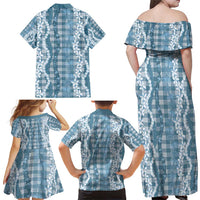 Hawaiian Ohia Lehua Lei Family Matching Off Shoulder Maxi Dress and Hawaiian Shirt Plaid Palaka Uliuli Omaomao Pattern - Polynesian Pride